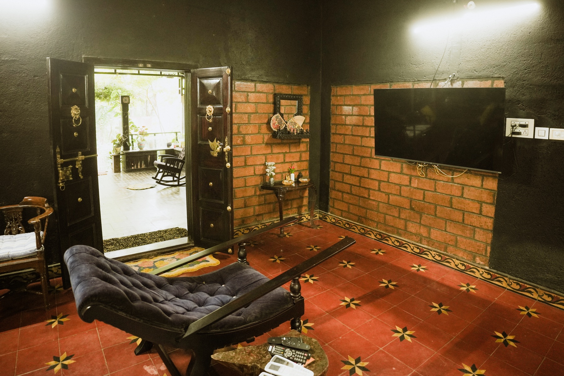 Media lounge with brick walls
